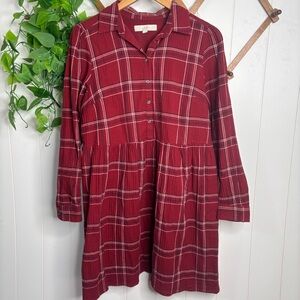 LOFT Plaid Shirt Dress 3/4 Sleeve Casual Career Dark Red Medium